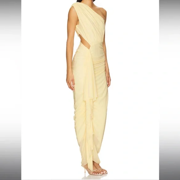 Elegant One-Shoulder Butter Yellow Dress - Picture 3 of 8